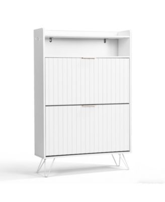 Slickblue Entryway Shoe Cabinet with Slatted Front, Flip Drawers and Side Hooks