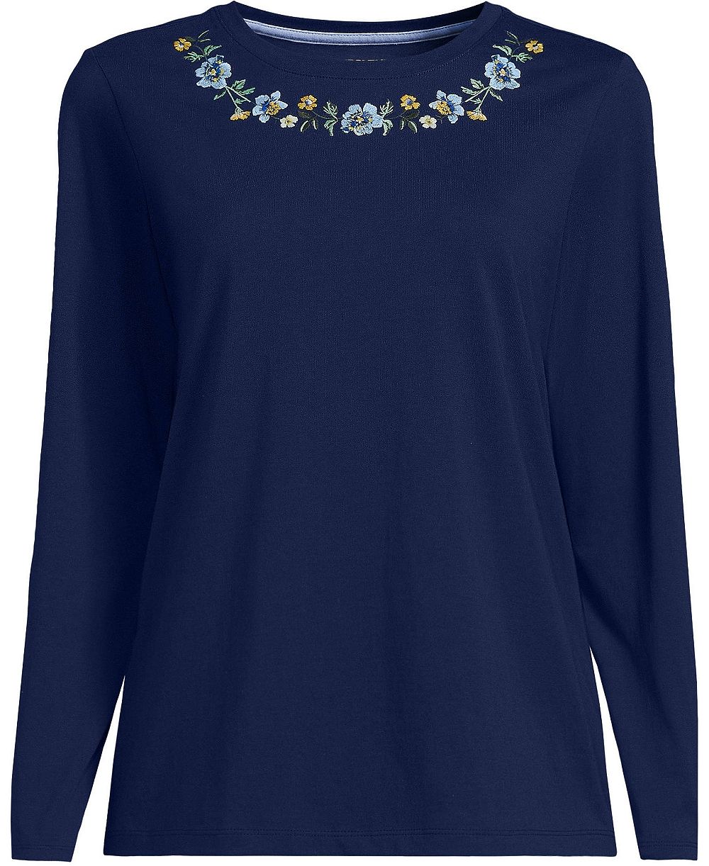 Lands' End Plus Size Supima Cotton Long Sleeve Embroidered Crew Neck T-Shirt
