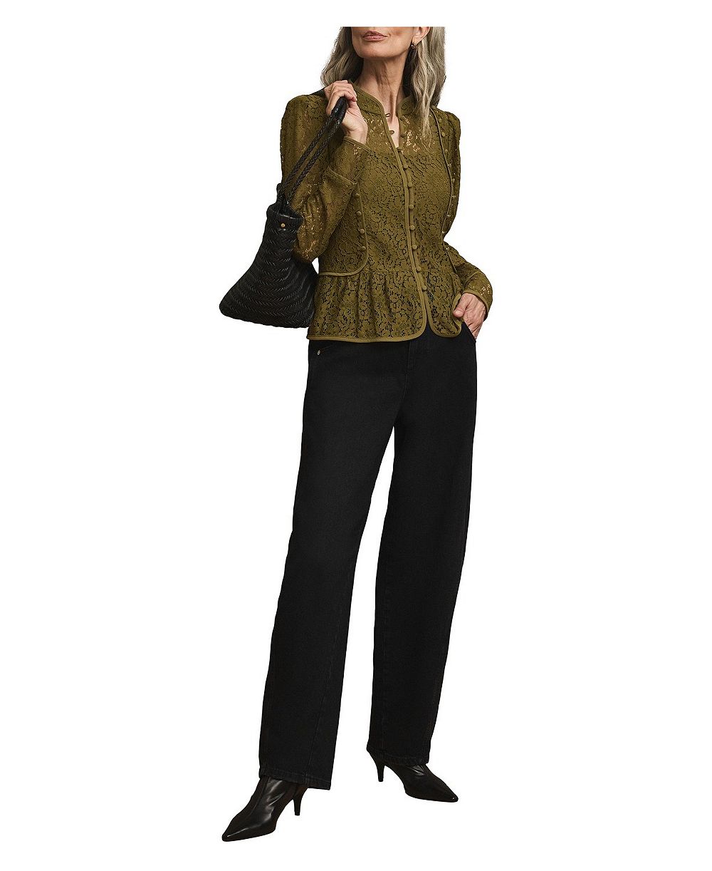 Mint Velvet Women's High-Neck Puff-Shoulder Peplum Lace Blouse