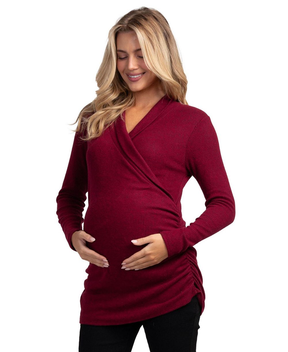 Hello Miz Maternity Nursing Ribbed-Knit Crossover V-Neck Long-Sleeve Top