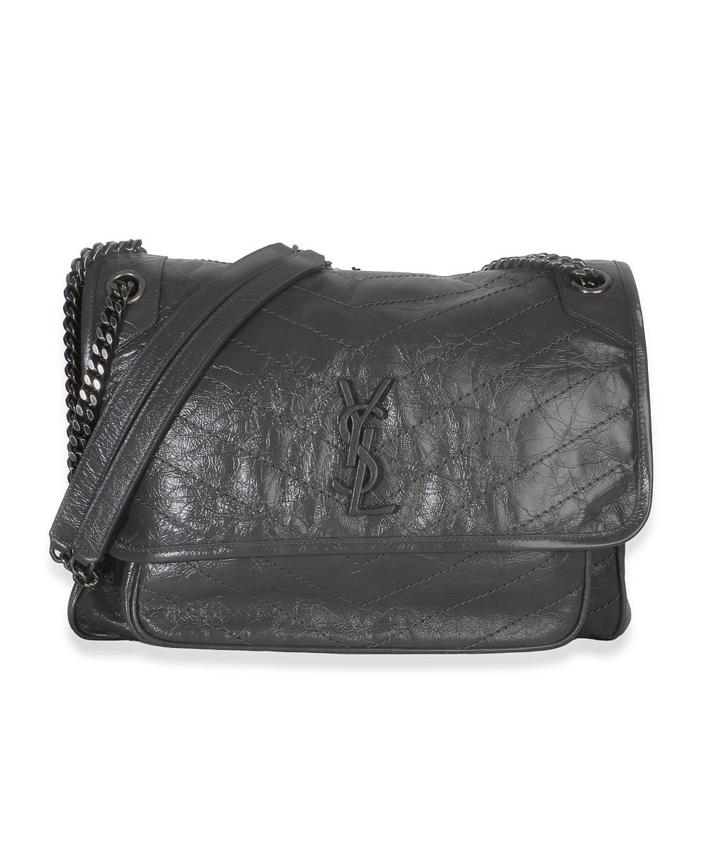 Б/у большая сумка Saint Laurent Niki Chain Satchel из серой складчатой телячьей кожи мателласе с цепочкой