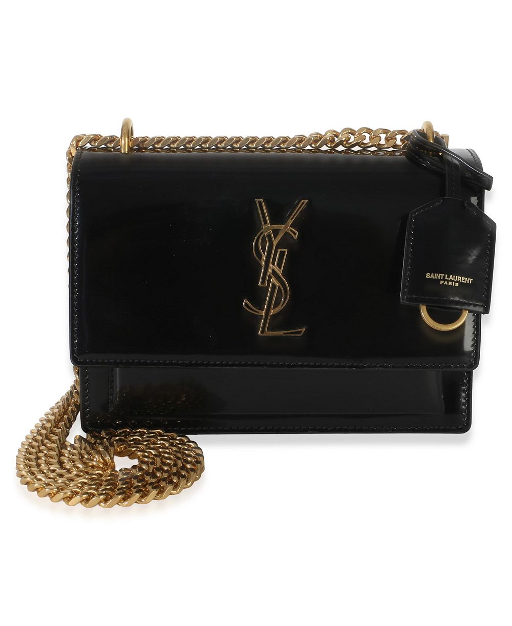 Сумка Saint Laurent Sunset Small из лакированной кожи с монограммой, черная