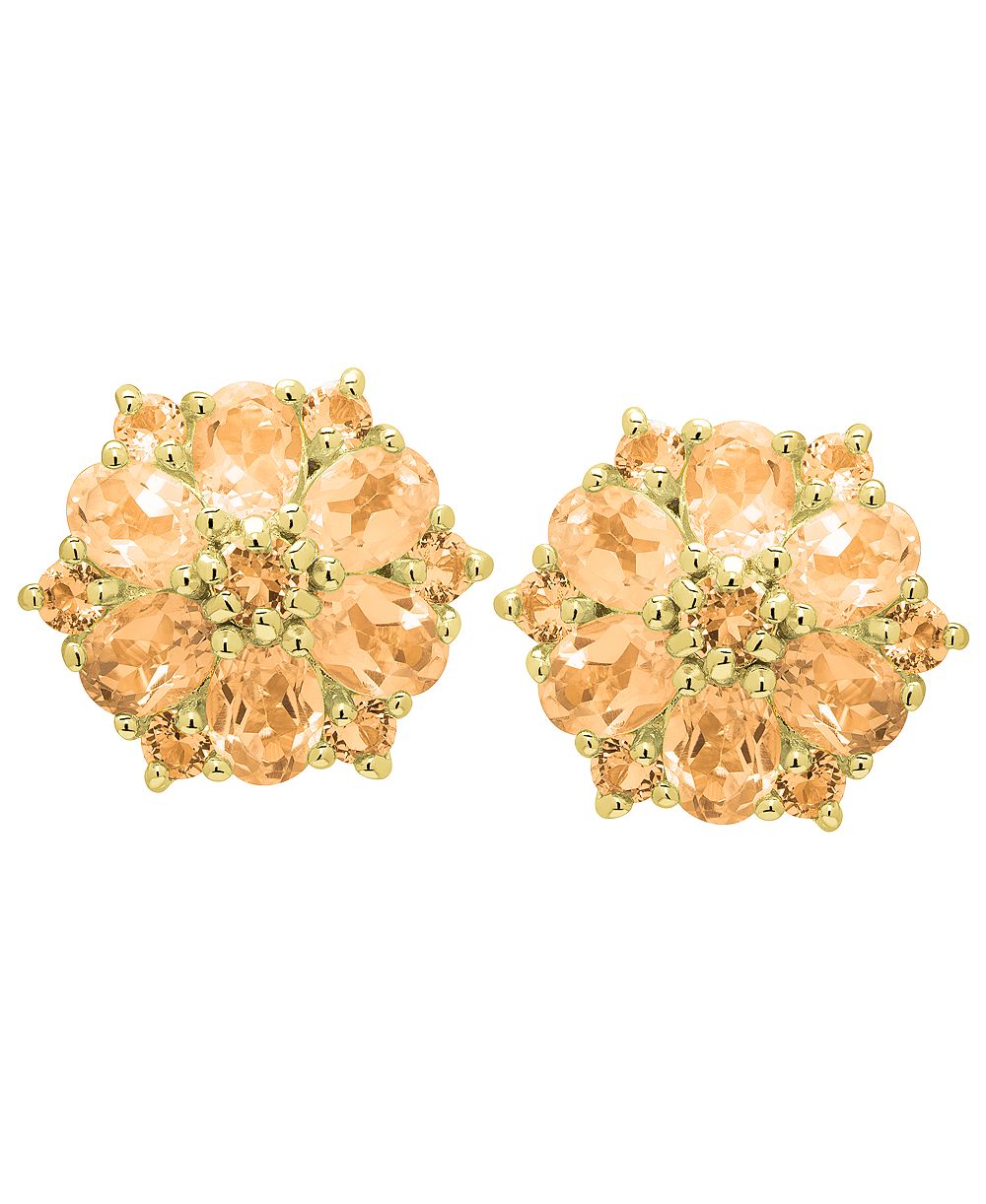 Серьги-гвоздики Macy's с цитрином и цветочным узором, Omega-back, 2-1/16 карат суммарно, позолота на стерлинговом серебре