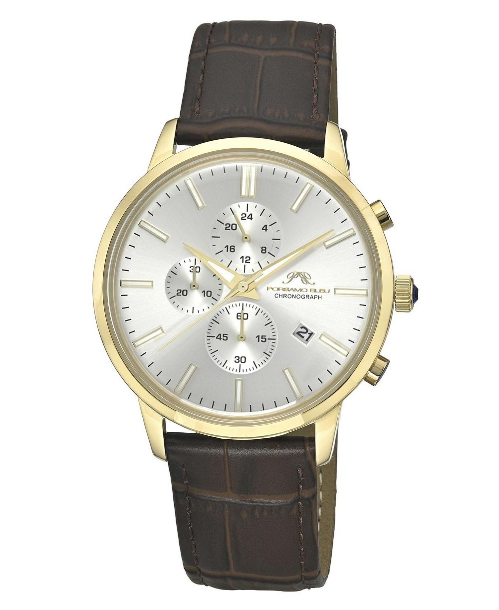 Porsamo Bleu Men's Aura Chronograph Brown Genuine Leather Band Gold Tone Watch 44 mm