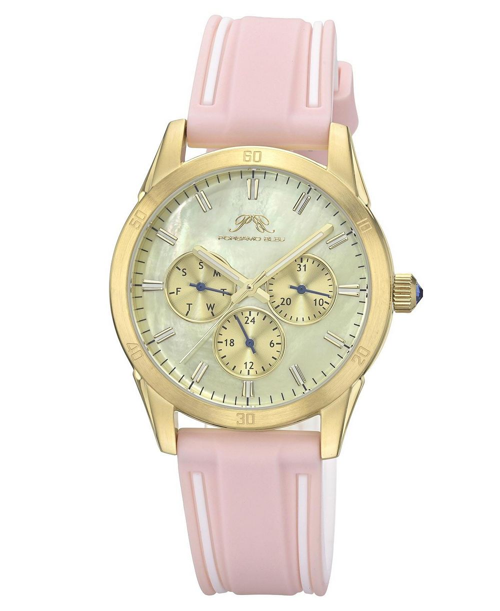 Porsamo Bleu Women's Georgie Multifunction Pink and White Silicone Strap Gold Tone Mother Of Pearl  Dial Watch 39 mm
