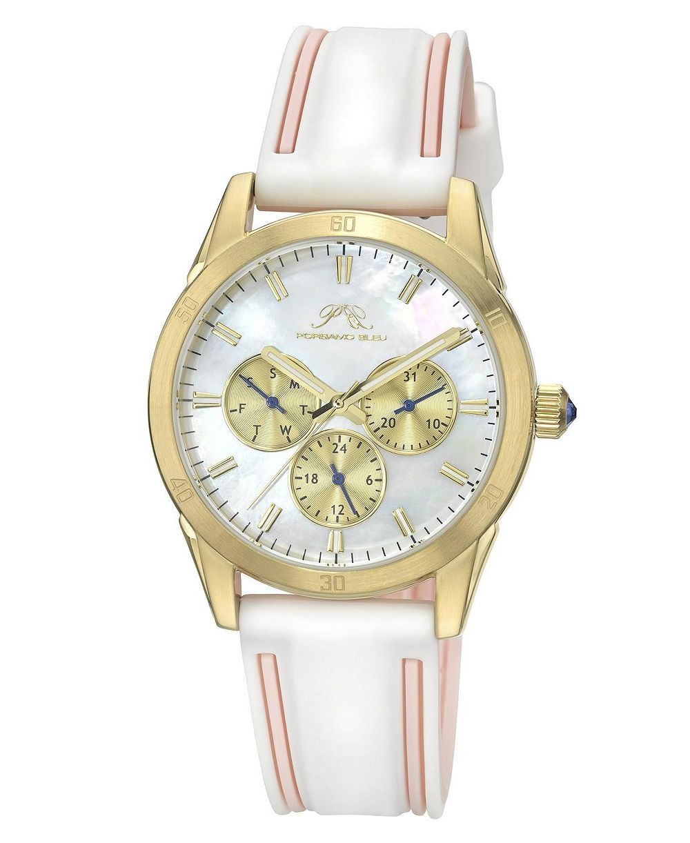 Porsamo Bleu Women's Georgie Multifunction White and Pink Silicone Strap Gold Tone Mother Of Pearl  Dial Watch 39 mm
