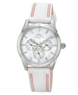 Porsamo Bleu Women's Georgie Multifunction White and Pink Silicone Strap Silver Tone Mother Of Pearl  Dial Watch 39 mm