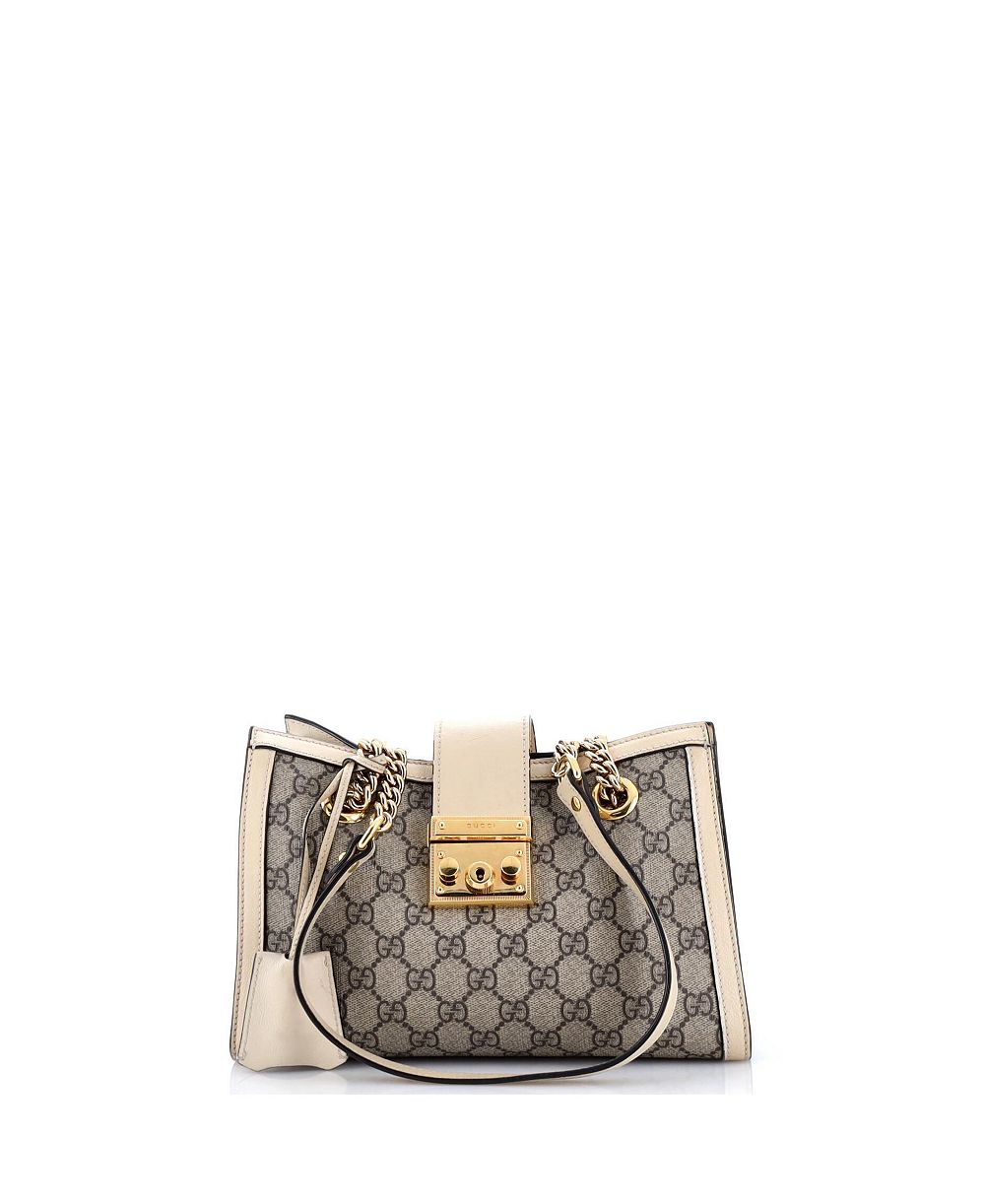 Б/у маленькая сумка Gucci Small Padlock Chain Tote из лакированной ткани GG с кожей