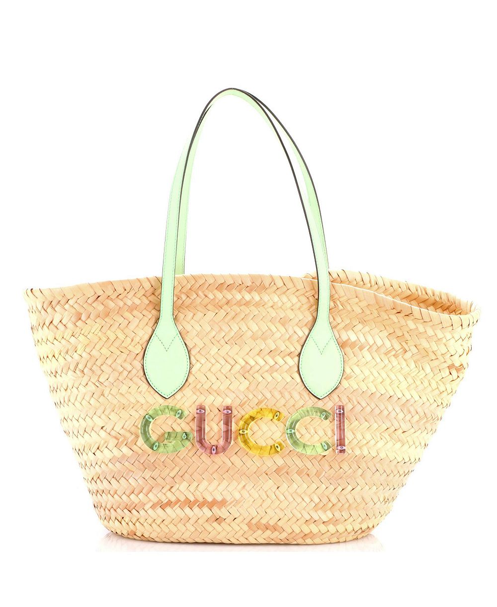 Pre-Owned Gucci Small Logo Open Tote Woven Raffia