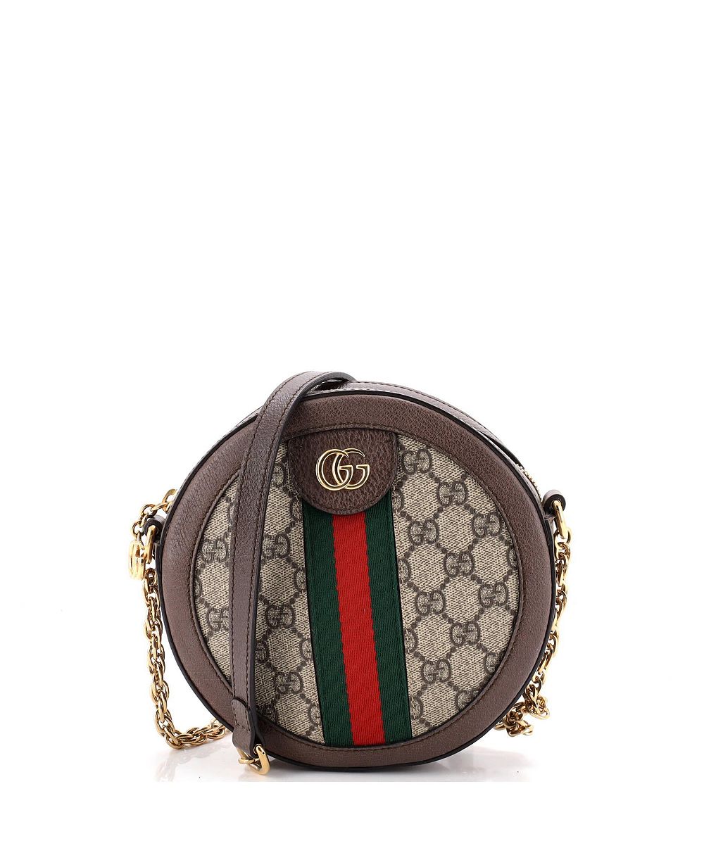 Б/у маленькая круглая сумка Gucci Mini Ophidia на плечо из лакированной ткани GG