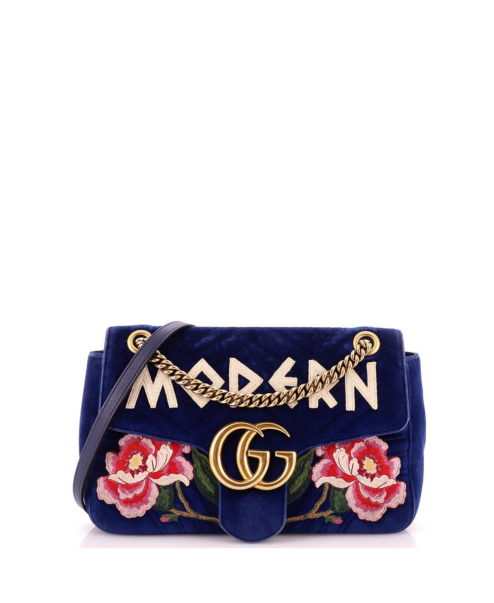 Pre-Owned Gucci Medium GG Marmont Flap Bag Embroidered Matelasse Velvet