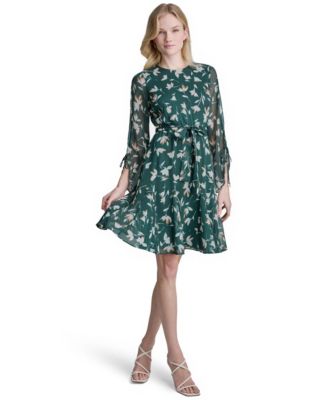 DKNY Women's Long-Sleeve A-Line Floral-Print Dress