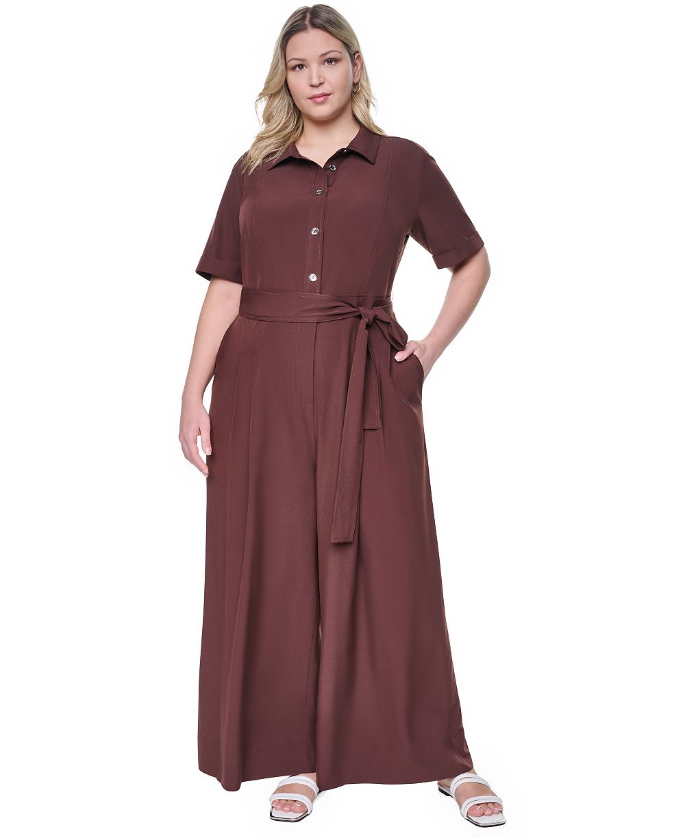 DKNY Комбинезон с широкими штанинами, коротким рукавом и поясом-завязкой, размер Plus