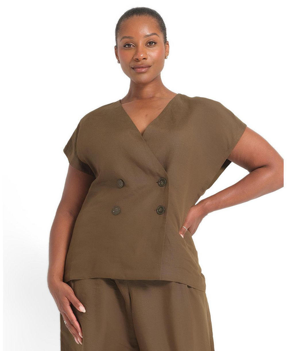 ESTELLE Plus Size Katrina Double-Breasted Sleeveless Linen-Blend Blazer
