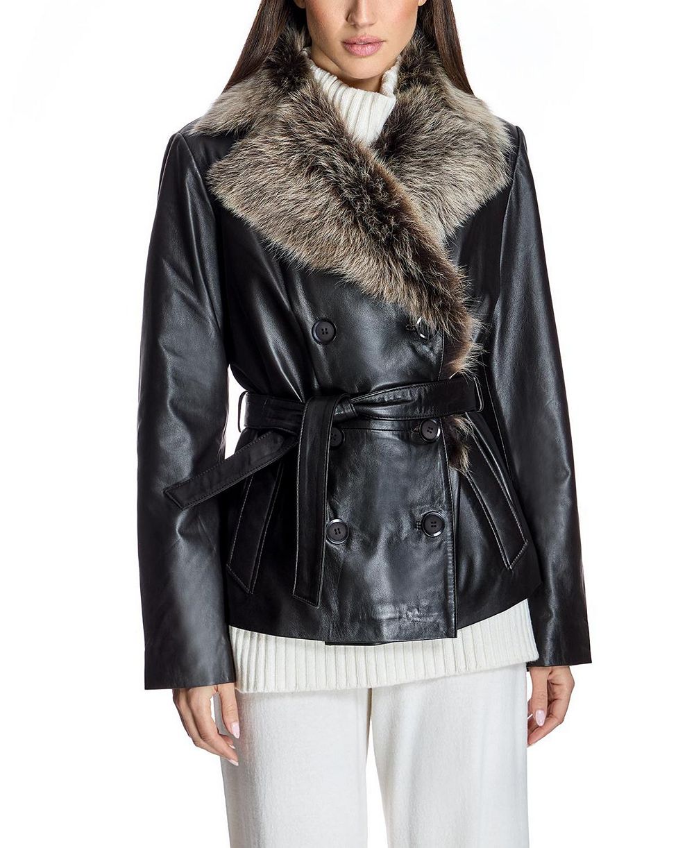 Julia & Stella By Maximilian Women's Belted Leather Jacket with Toscana Lamb Collar