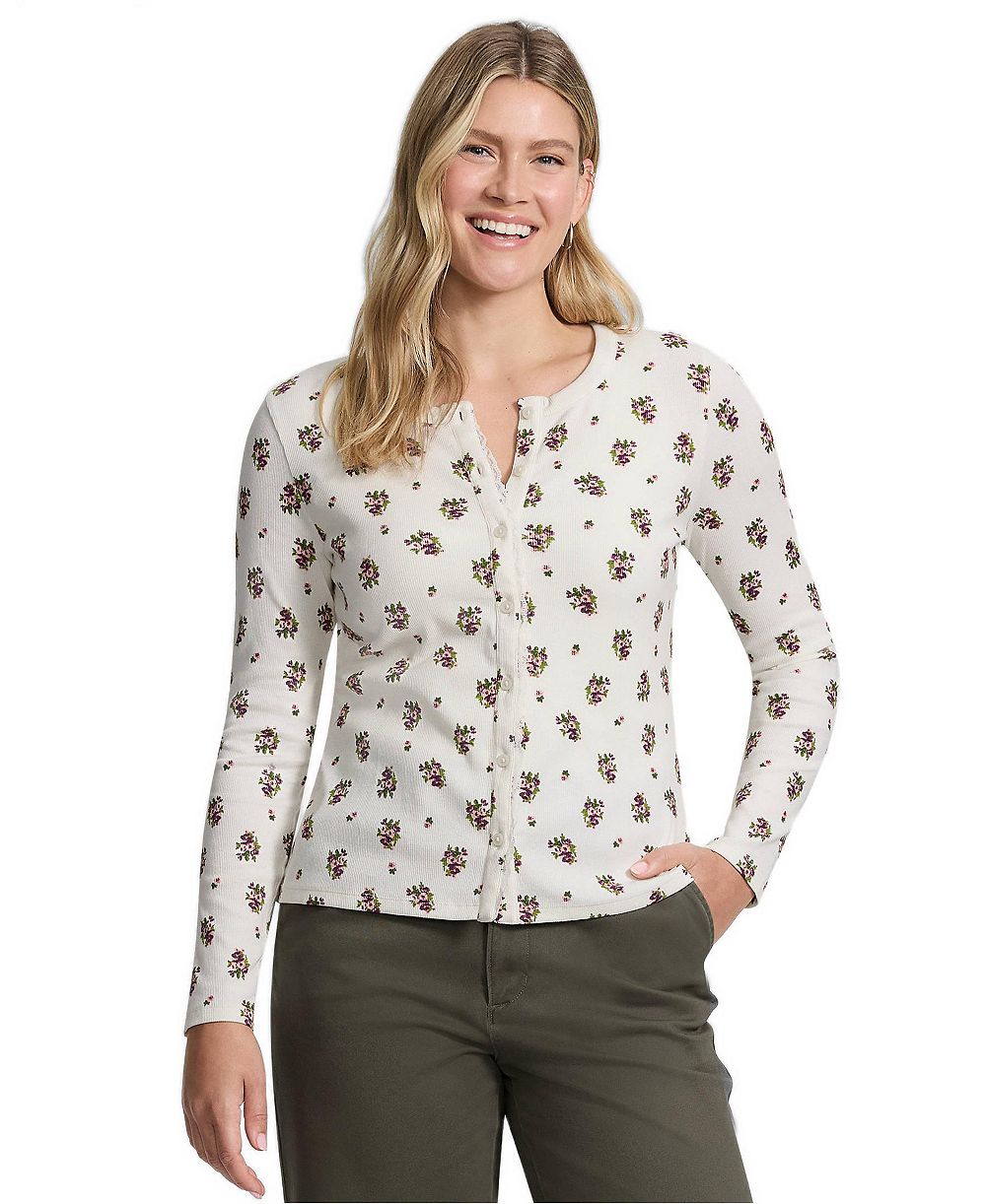 Lands' End Women's Long Sleeve Micro Rib Lace Trim Button Through Cardigan
