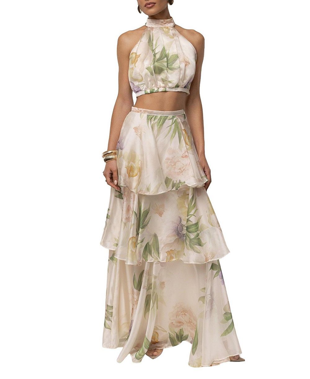 JLUXLABEL Women's Botanical Dreams Floral-Print Halter Cropped Top and Tiered Maxi Skirt, 2-Piece Set