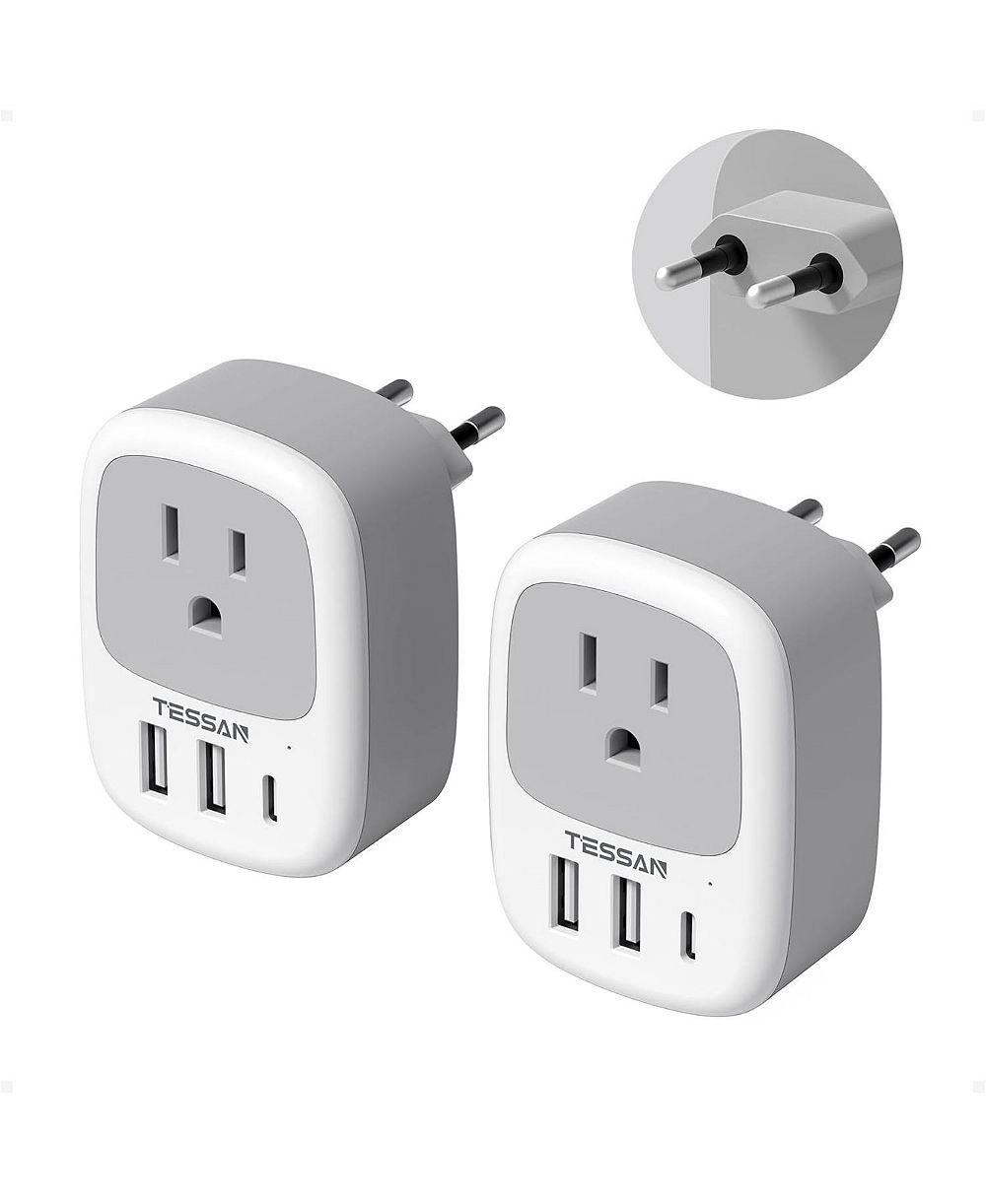 TESSAN комплект из 2 шт европейских адаптеров для путешествий с 3 USB-портами, тип C