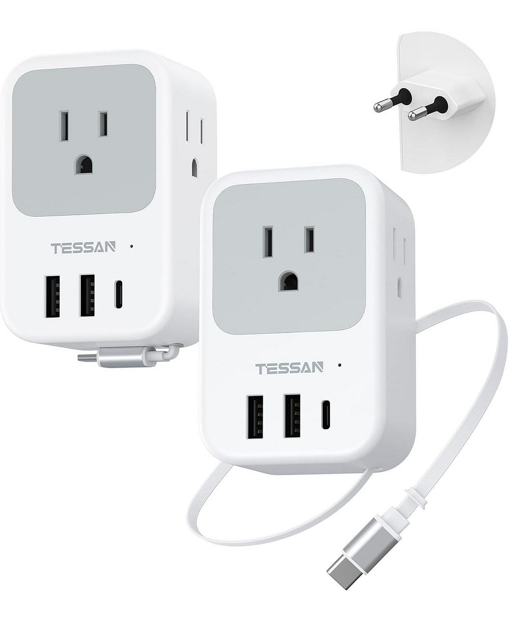TESSAN европейский адаптер для путешествий с выдвижным кабелем USB-C, набор из 2 штук
