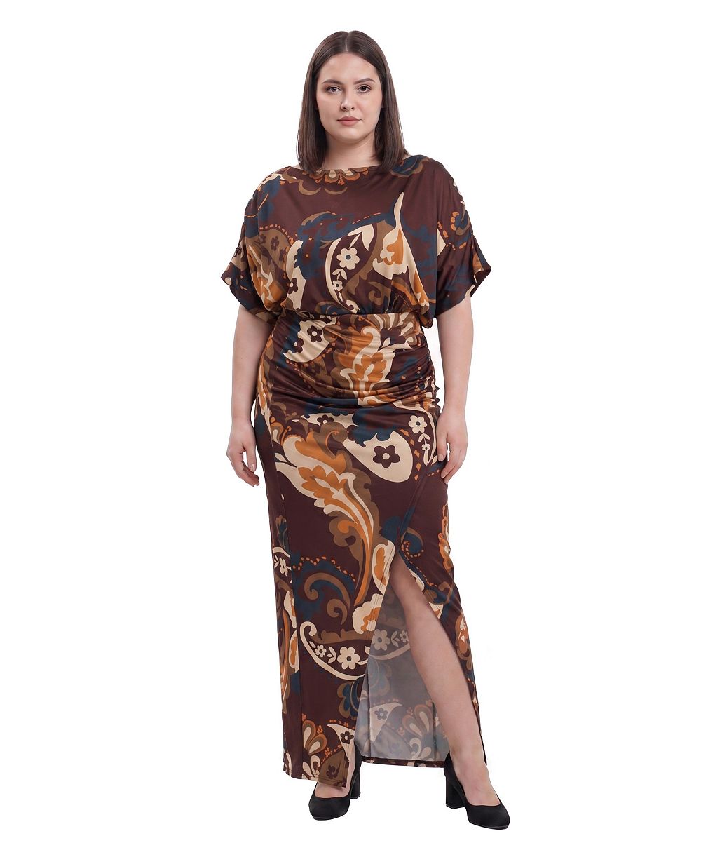 24seven Comfort Apparel Plus Size Soft Stretch Paisley Maxi Boat Neck Dress