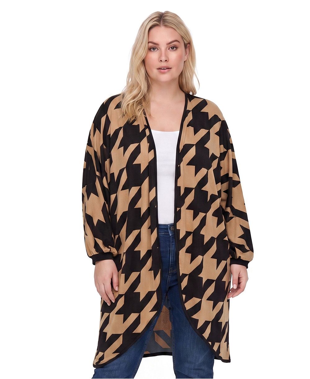 24seven Comfort Apparel Plus Size Houndstooth Long-Sleeve Duster Cardigan