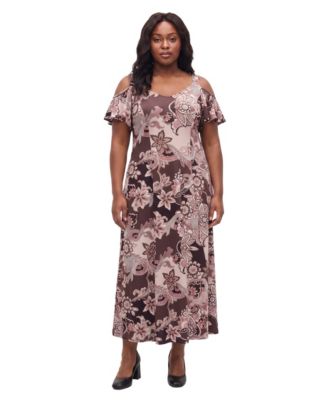 24seven Comfort Apparel Макси-платье А-силуэта с цветочным принтом и открытыми плечами, плюс размер