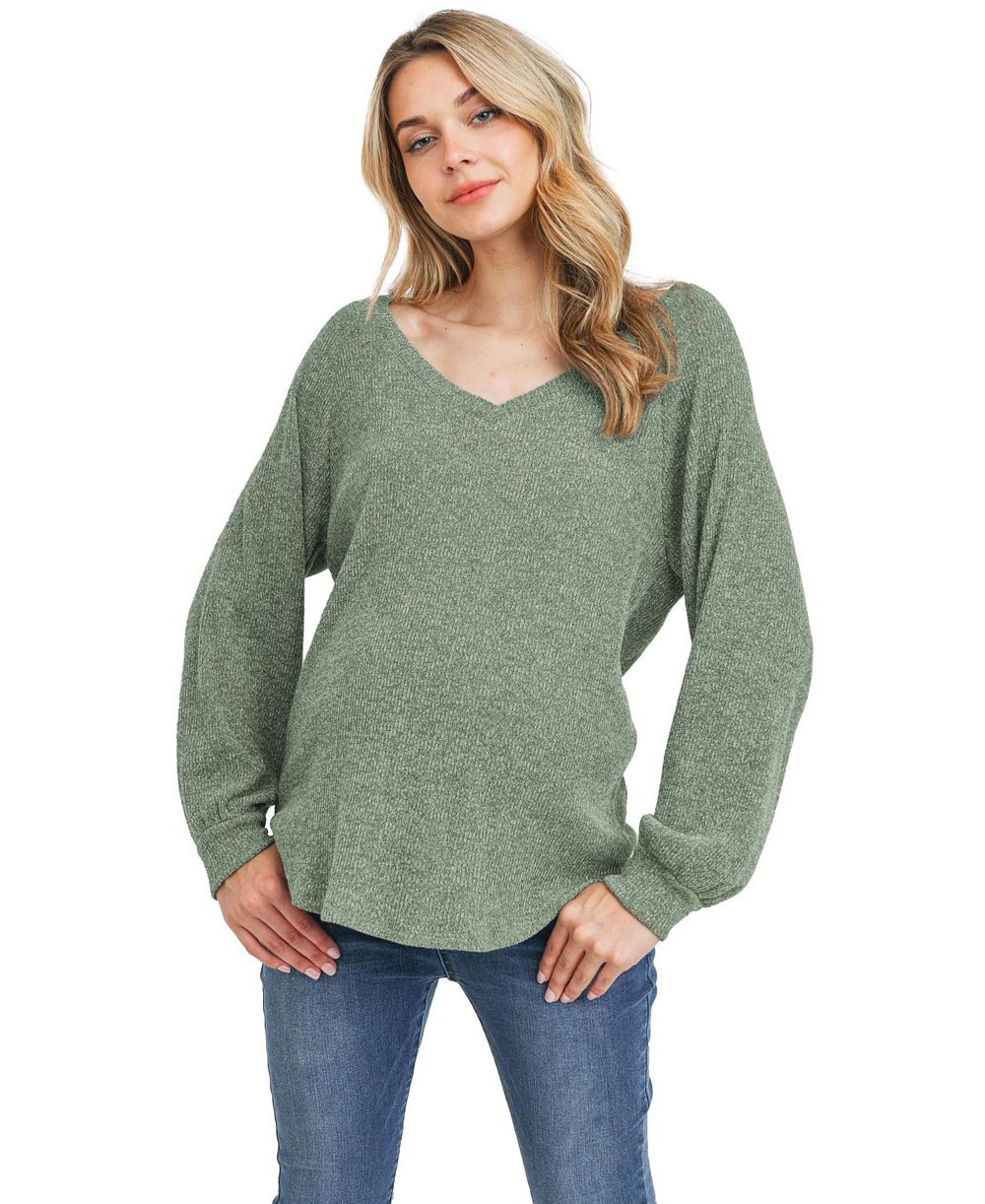 Hello Miz Maternity Lightweight Ribbed-Knit V-Neck Pullover Sweater