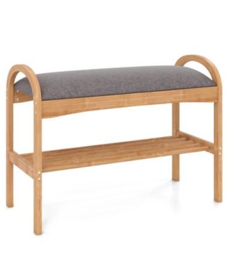 GOUUN 2-Tier Bamboo Shoe Bench with Padded Cushion and Slatted Shelf