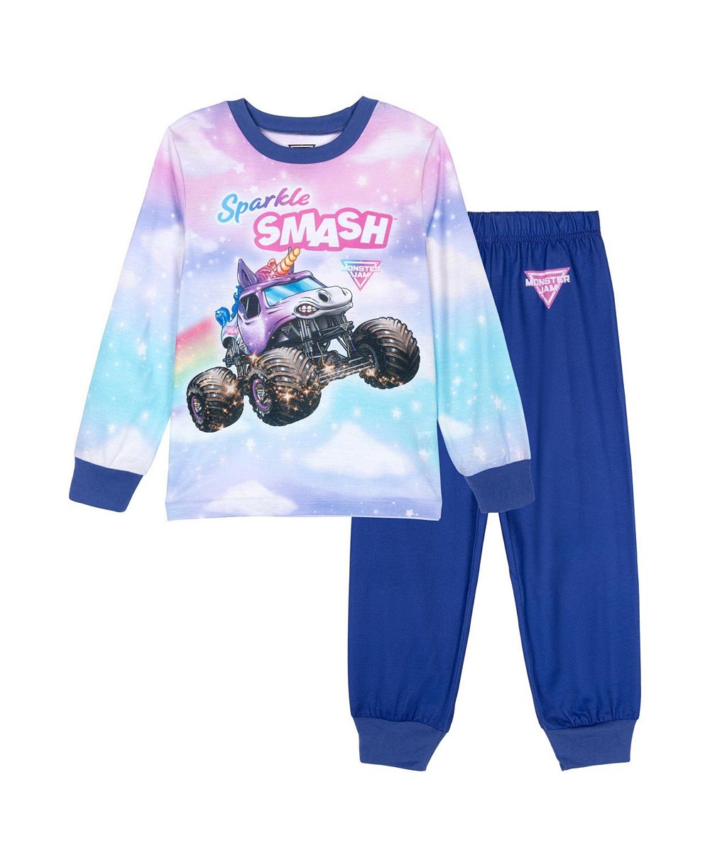 Monster Jam Детский комплект из 2 предметов для девочек 4-16 лет: огнестойкая футболка с длинным рукавом и круглым вырезом с блестками и пламенем, брюки