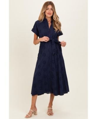 Pinkblush Women's Navy Eyelet Lace Waist Tie Shirt Dress