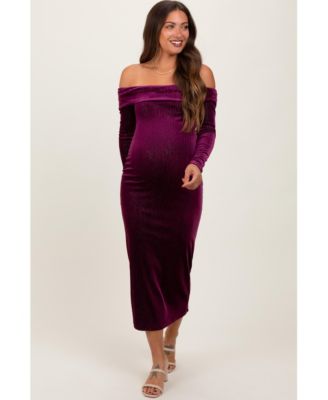 Pinkblush Women's Teal Shiny Velour Off Shoulder Midi Dress