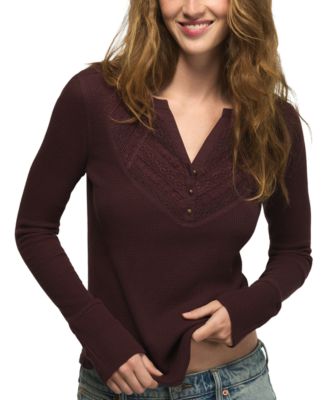 Женская блуза Lucky Brand с длинным рукавом, V-образным вырезом и кружевной отделкой, стиль Хенли