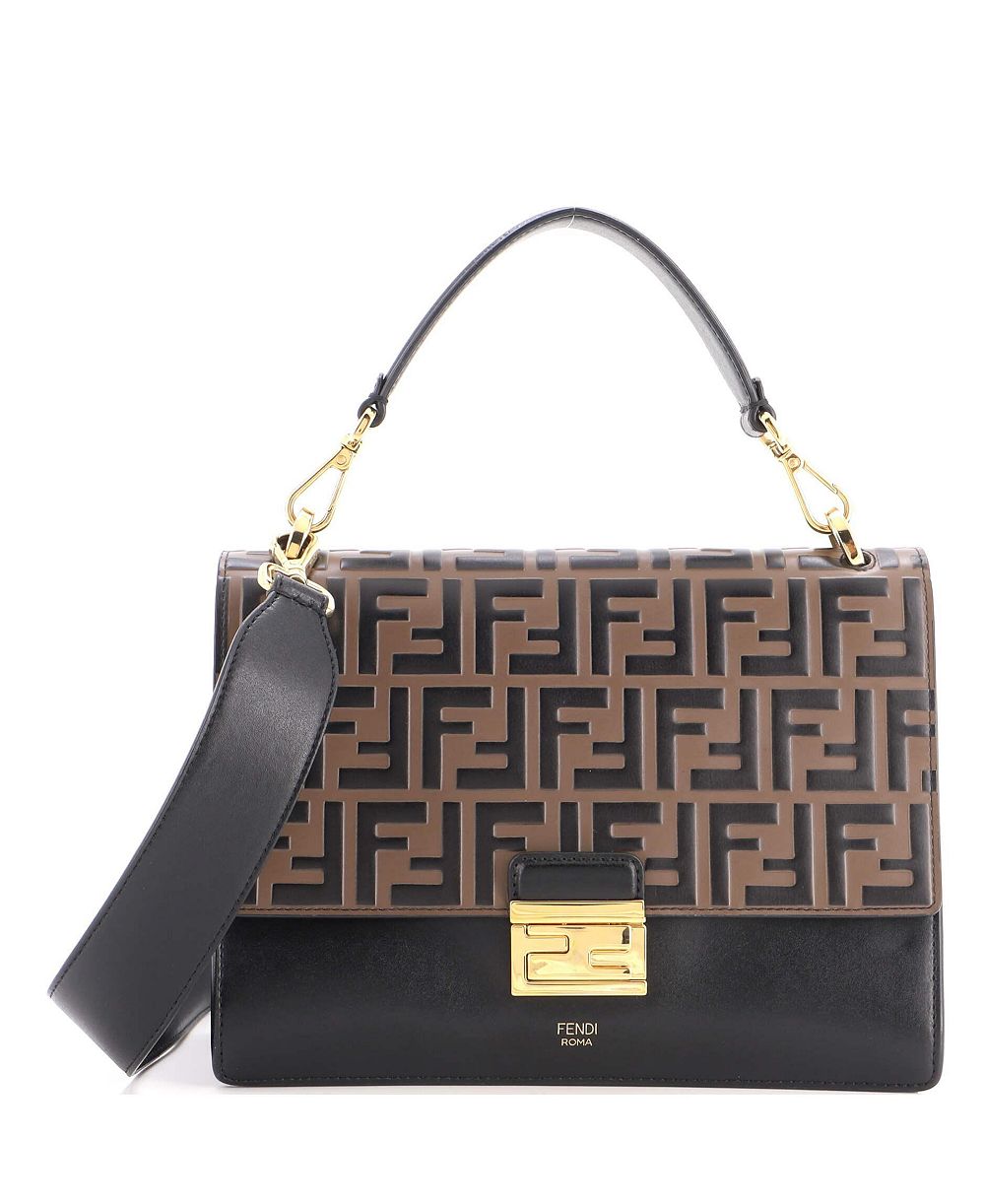 Pre-Owned Fendi Kan U Medium Zucca-Embossed Leather Shoulder Bag