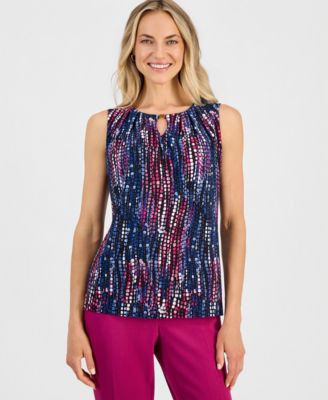 Kasper Petite Printed Pleat-Neck Sleeveless Top