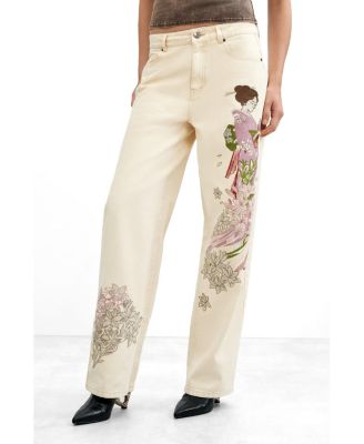 Desigual Women's High-Rise Wide-Leg Embroidered Jeans