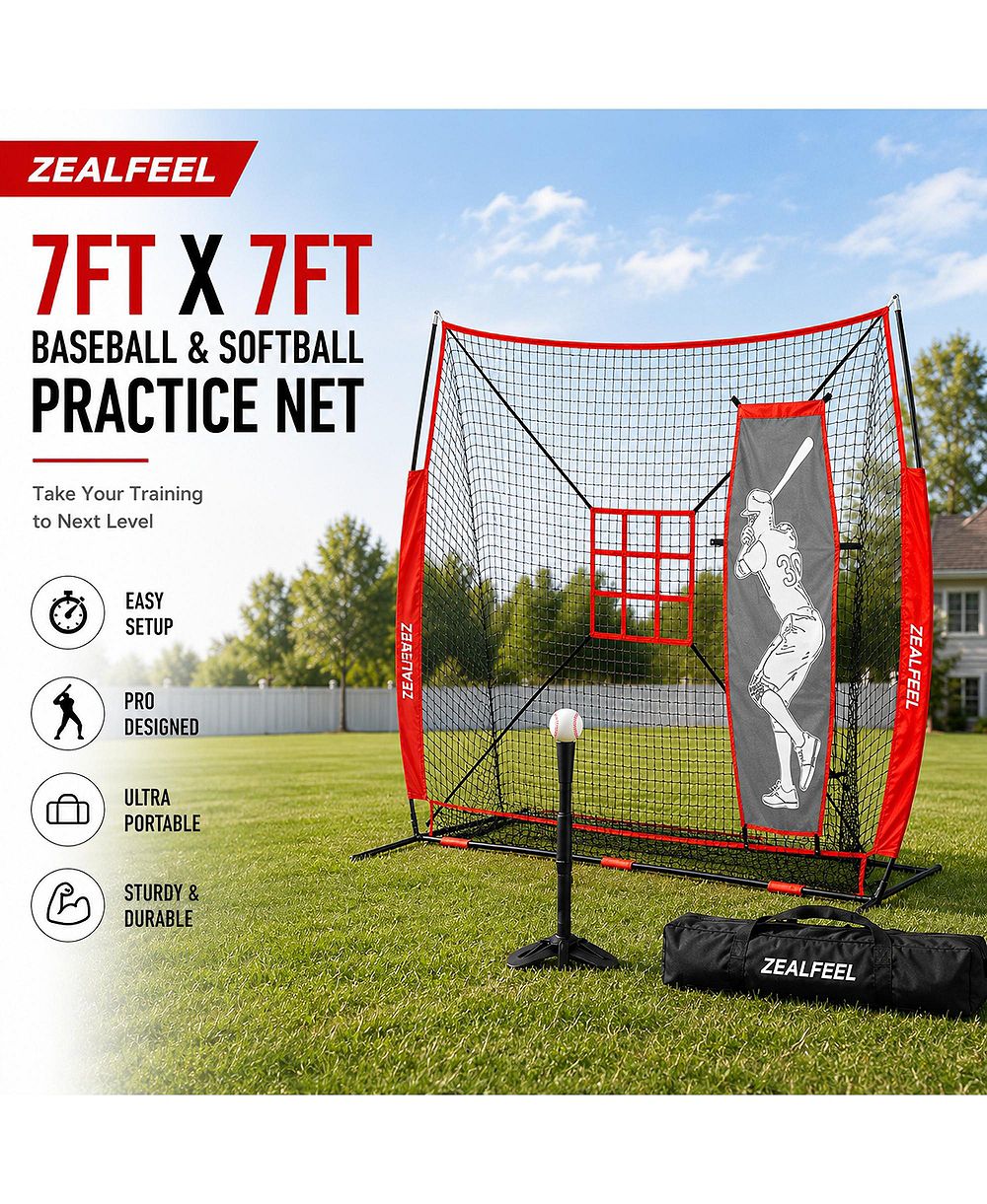 ZEALFEEL Baseball Net, 7x7 ft Pitching and Batting Net with Dummy Batter, Ball Collection 2 Strike Zones, Batting Tee, Carry Bag, Baseball  Net