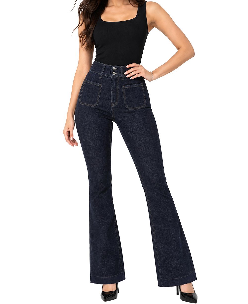 Indigo Poppy Women's Dark Rinse Tummy Control Bootcut Jean with Back Patch Pocket Embroidery Detail