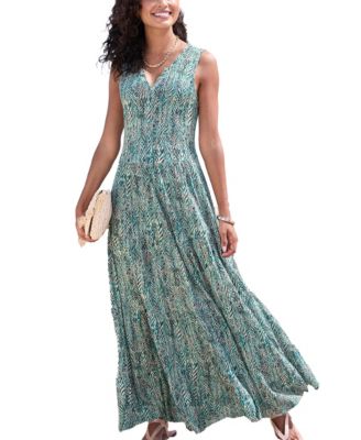 LASCANA Women's A-Line Printed Notch-Neck Maxi Dress