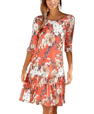 LASCANA Women's Viscose Floral Print Drop Waist Ruffle-Trim Short Dress