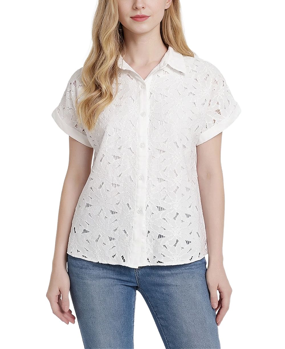 NY Collection Women's Short-Sleeve Point-Collar Button-Down Top