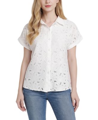NY Collection Women's Short-Sleeve Point-Collar Button-Down Top