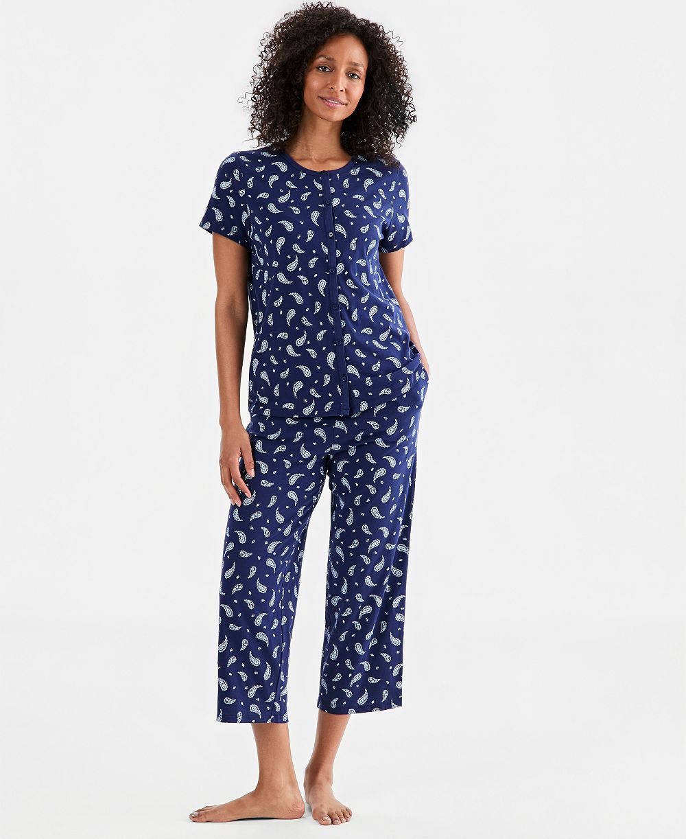 Charter Club Women's 2-Piece Cotton Printed Cropped Pajama set, Created for Macy's