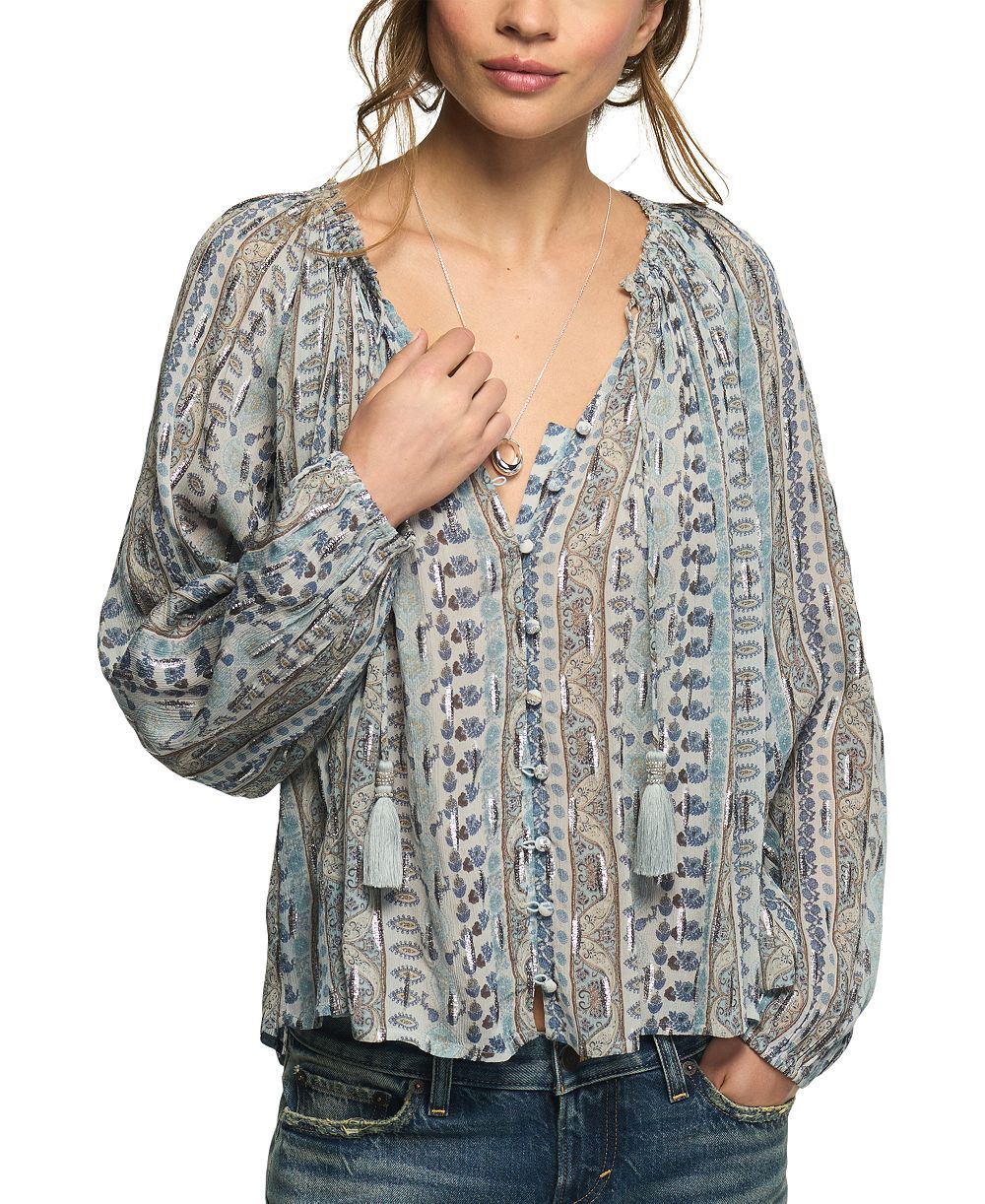 Женская блуза Lucky Brand с длинным рукавом, V-образным вырезом и принтом