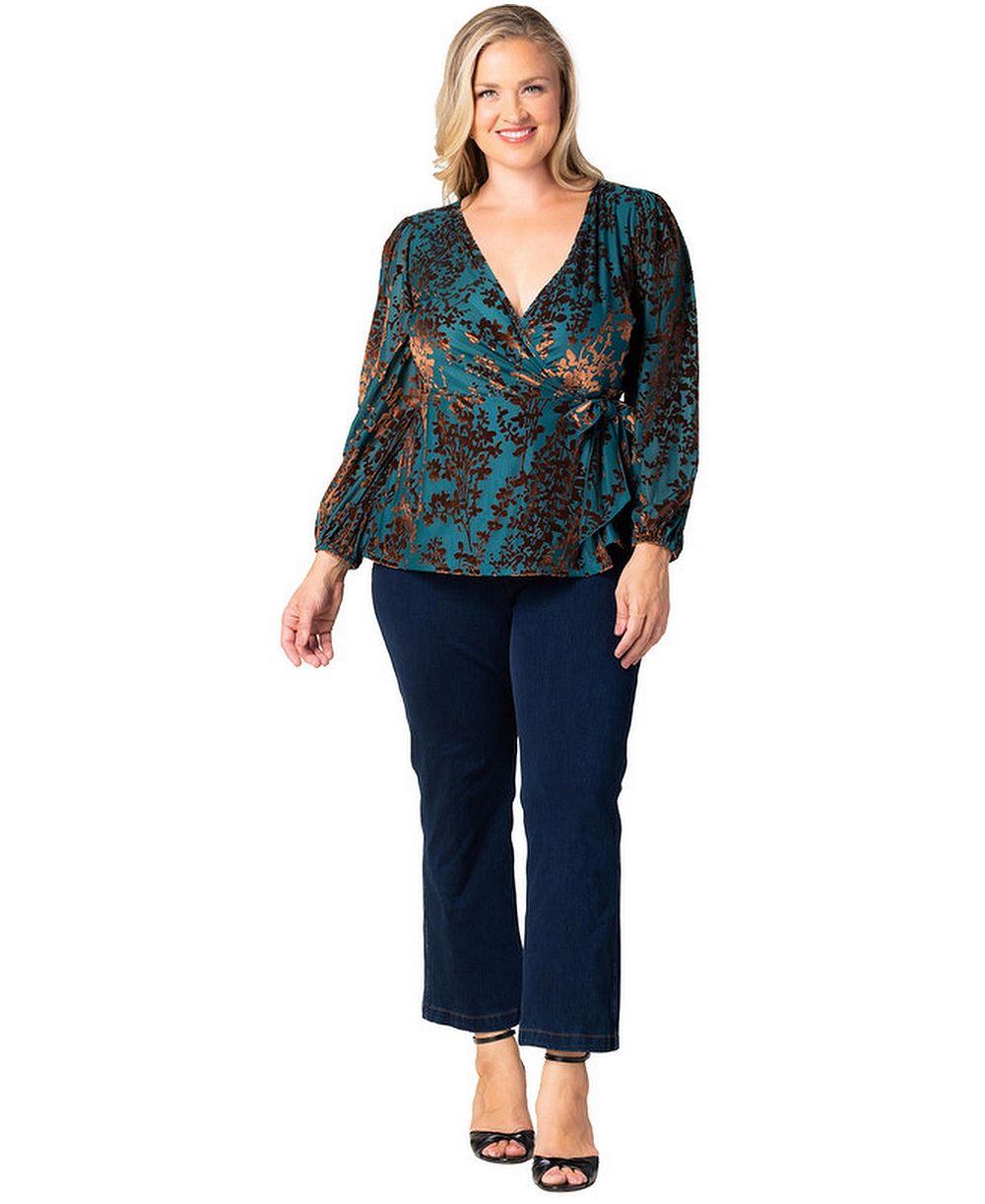 Kiyonna Plus Size Loretta Long-Sleeve Floral Peplum Wrap Top