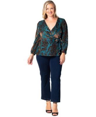 Kiyonna Plus Size Loretta Long-Sleeve Floral Peplum Wrap Top