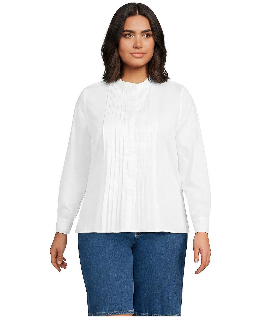 Lands' End Plus Size Long-Sleeve Banded Collar Pintuck Blouse