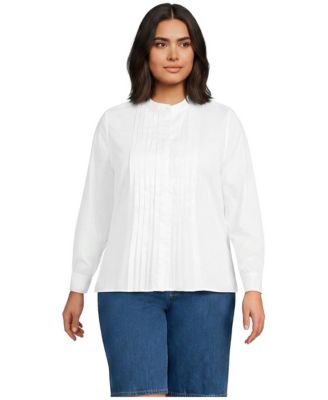 Lands' End Plus Size Long-Sleeve Banded Collar Pintuck Blouse