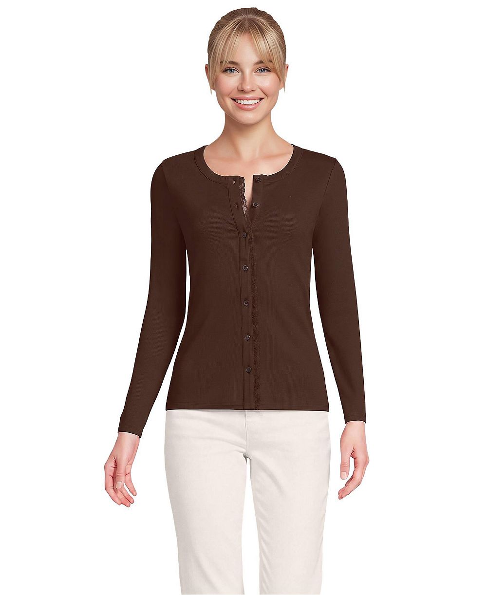 Lands' End Women's Long-Sleeve Lace-Trim Crewneck Cardigan