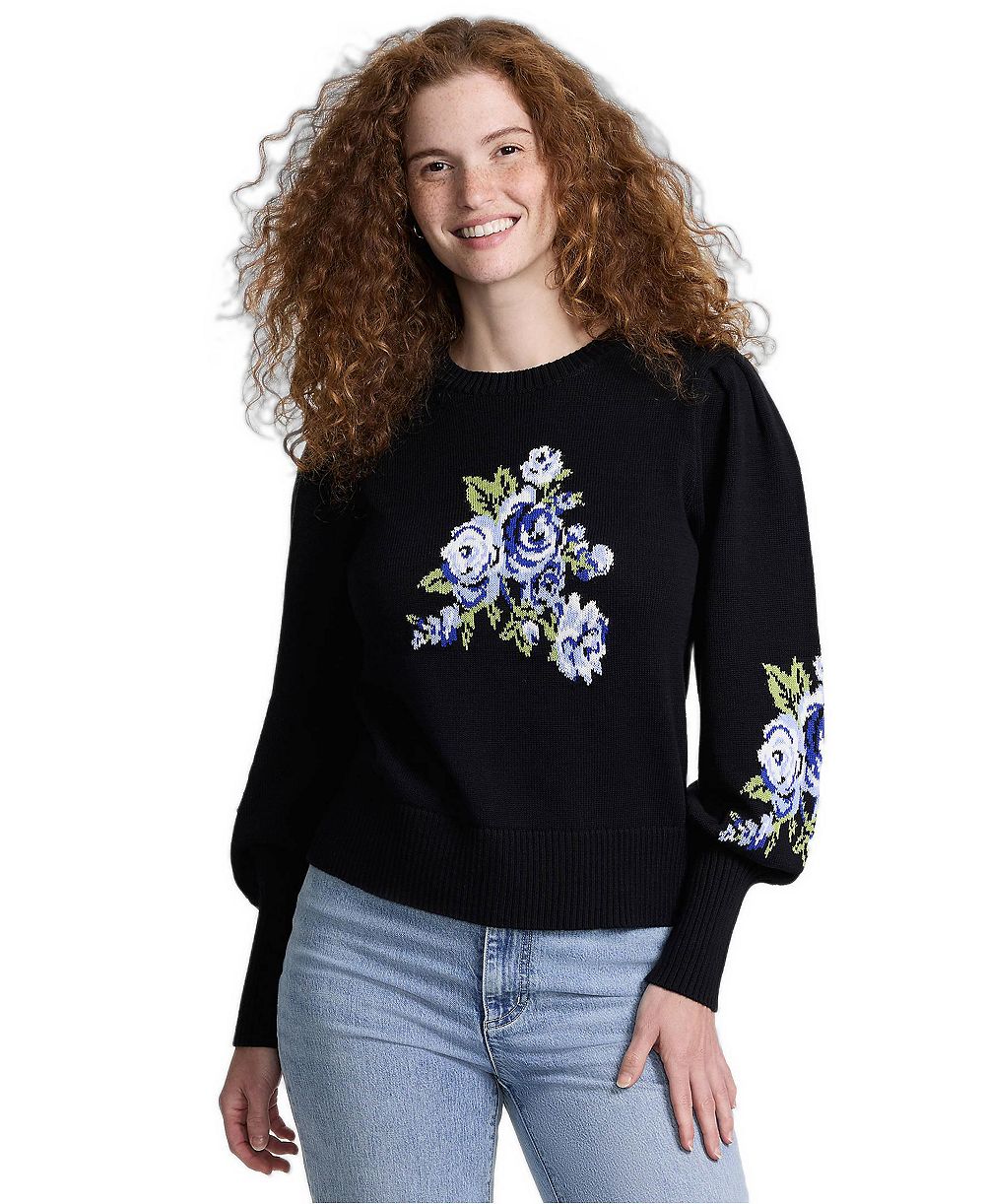 Lands' End Women's Drifter Puff-Sleeve Jacquard Crewneck Sweater