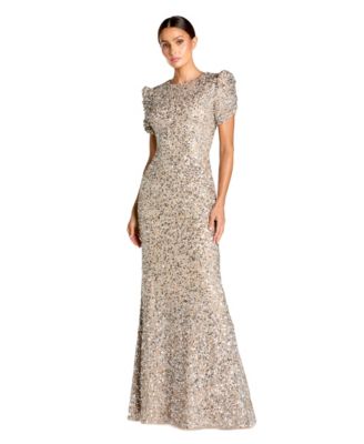 Женское вечернее платье Mac Duggal с высоким воротником и коротким рукавом, украшенное пайетками